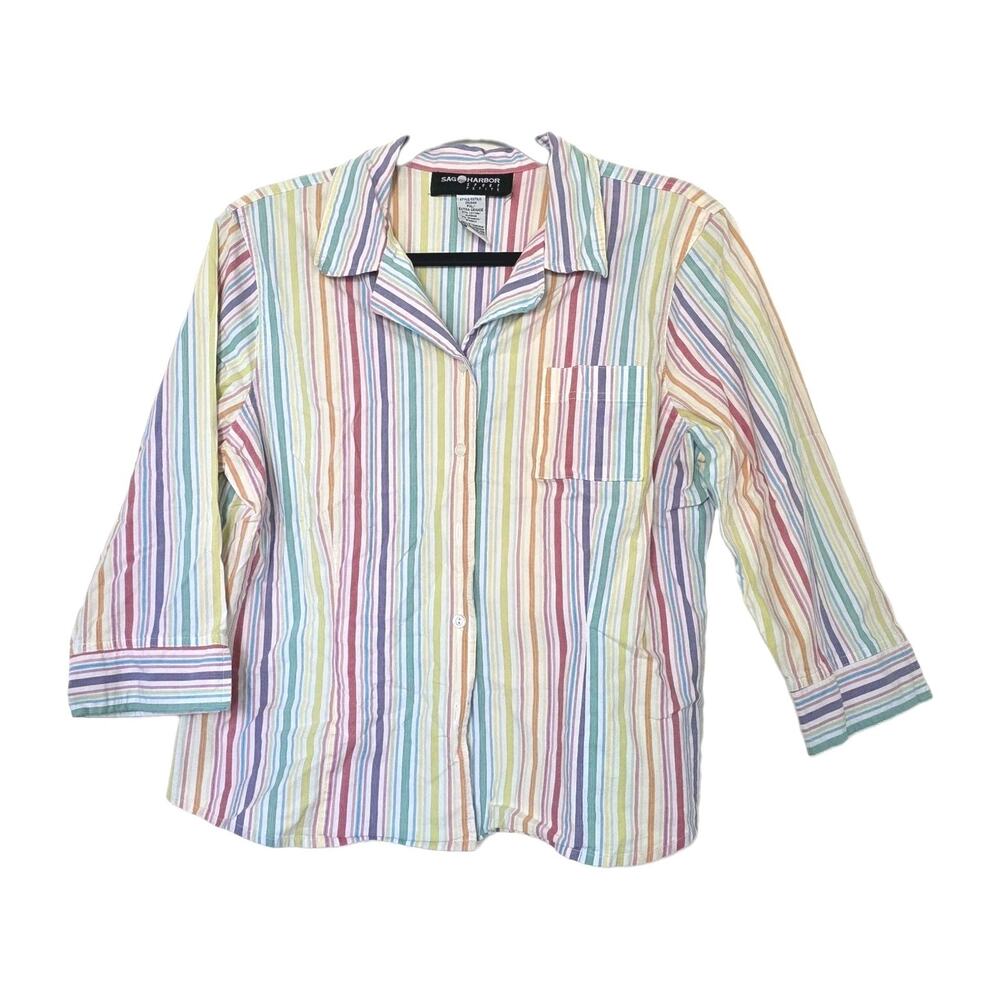 Vintage Multicolor Stripe Button Up Shirt Womens PXL Pastel Pride Rainbow Casual